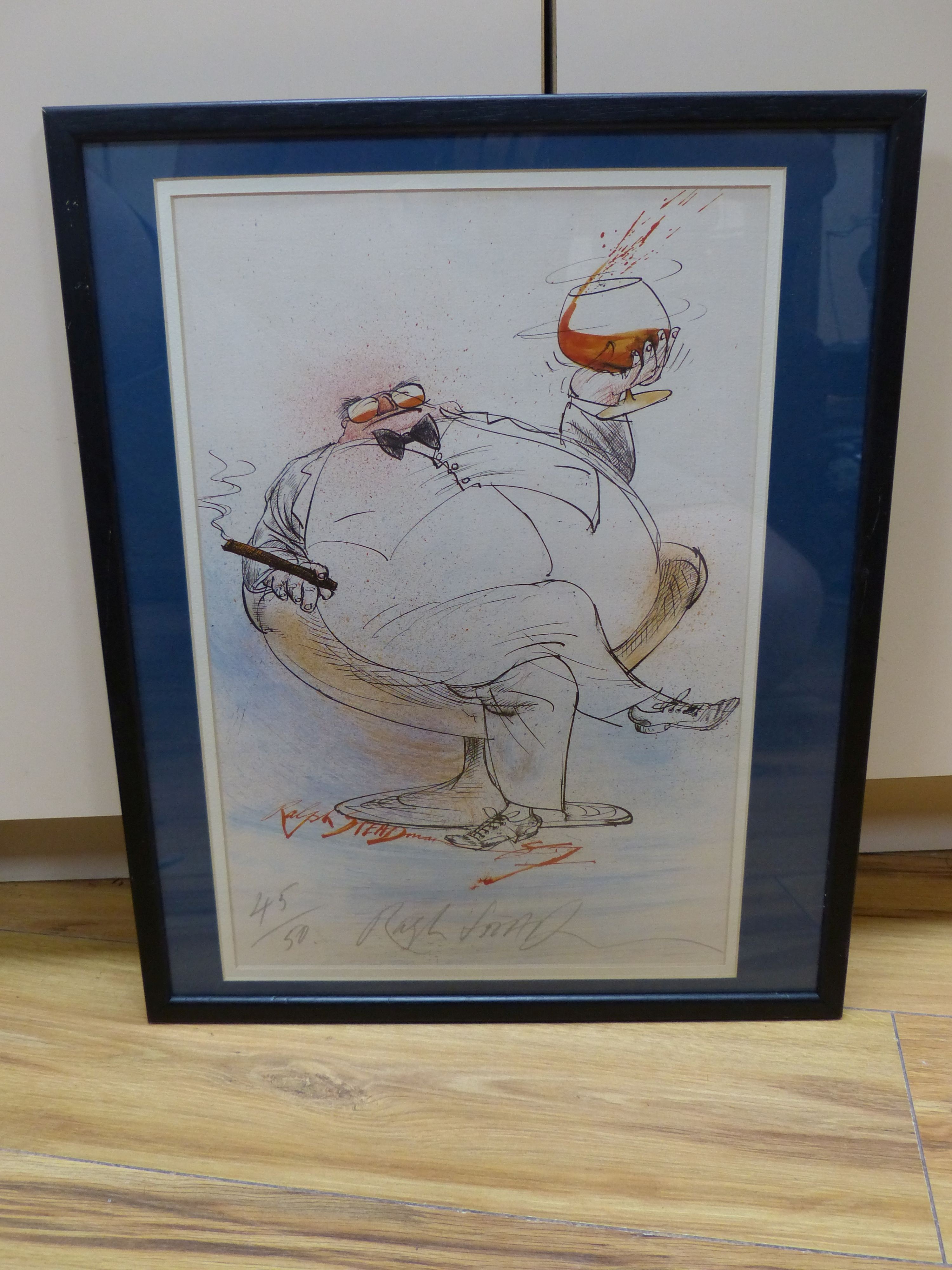 Ralph Steadman, (b.1936), limited edition print, Bon Viveur ' Reclining seated man with cigar and whiskey', signed in pencil, 45/50, 36 x 24cm